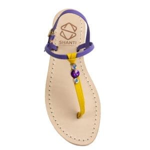 sandalo infradito in vera pelle con suola in cuoio Toscano antiscivolo tacco 1cm, 3cm color giallo e viola con punti luce in cristallo. 100% regolabile