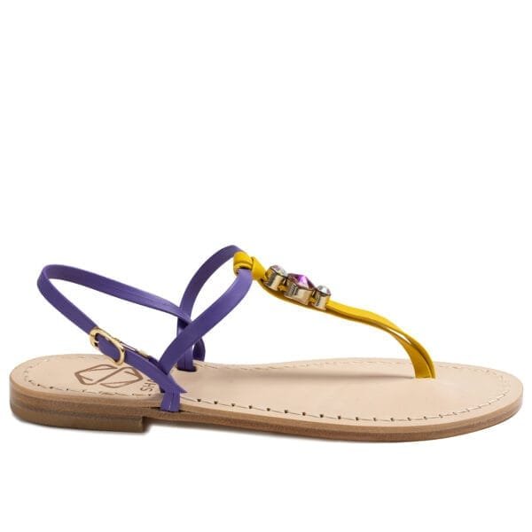 sandalo infradito in vera pelle con suola in cuoio Toscano antiscivolo tacco 1cm, 3cm color giallo e viola con punti luce in cristallo. 100% regolabile