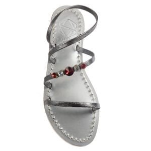 Sandalo a Ciabatta in vera pelle con suola in cuoio Toscano antiscivolo tacco 1cm, 3cm color canna di fucile con punti luce in cristallo. 100% regolabile
