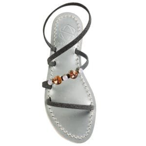 Sandalo a Ciabatta in vera pelle con suola in cuoio Toscano antiscivolo tacco 1cm, 3cm color grigio con punti luce in cristallo. 100% regolabile
