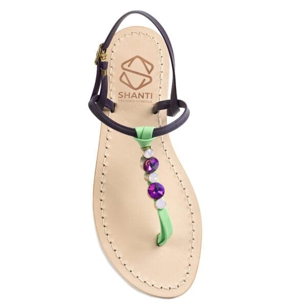 sandalo infradito in vera pelle con suola in cuoio Toscano antiscivolo tacco 1cm, 3cm color viola e verde con punti luce in cristallo. 100% regolabile