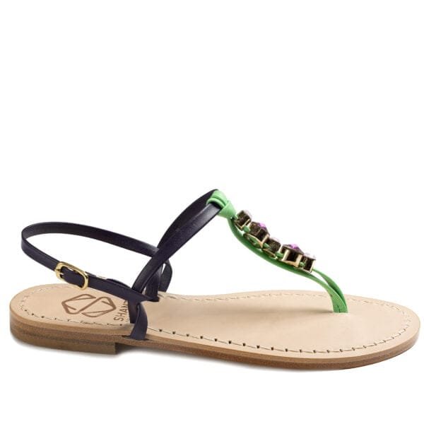 sandalo infradito in vera pelle con suola in cuoio Toscano antiscivolo tacco 1cm, 3cm color viola e verde con punti luce in cristallo. 100% regolabile