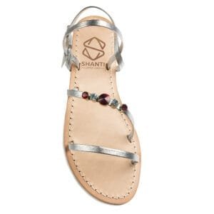 Sandalo a Ciabatta in vera pelle con suola in cuoio Toscano antiscivolo tacco 1cm, 3cm color argento con punti luce in cristallo. 100% regolabile