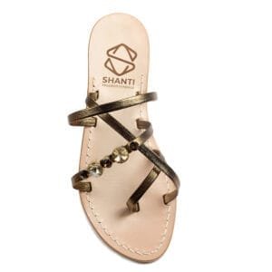 Sandalo a Ciabatta in pelle con suola in cuoio Toscano antiscivolo tacco 1cm, 3cm color bronzo metallizzato con punti luce in cristallo. 100% regolabile