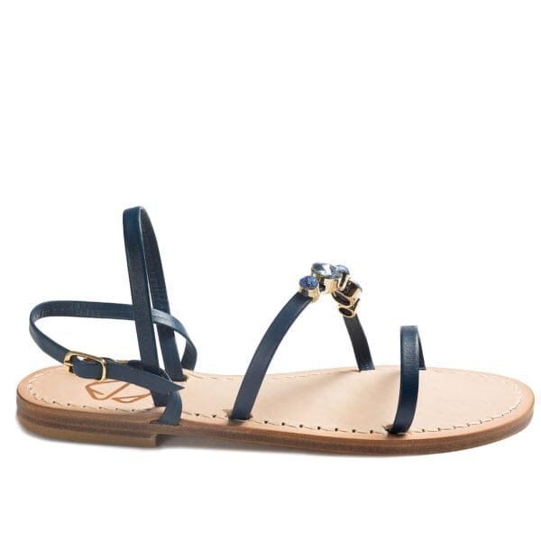 Ciabatta in vera pelle con suola in cuoio Toscano antiscivolo tacco 1cm, 3cm color blu navy con punti luce in cristallo. 100% regolabile