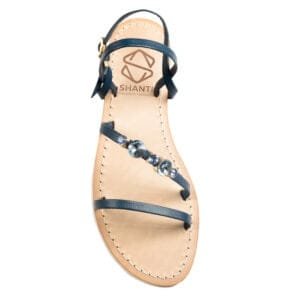 Sandalo a Ciabatta in vera pelle con suola in cuoio Toscano antiscivolo tacco 1cm, 3cm color verde con punti luce in cristallo. 100% regolabile