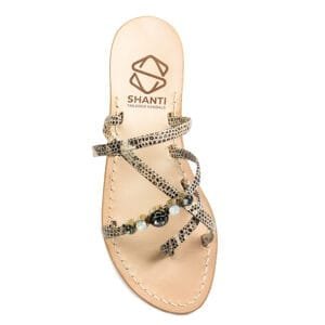 Sandalo a Ciabatta in vera pelle con suola in cuoio Toscano antiscivolo tacco 1cm, 3cm stampa rettile con punti luce in cristallo. 100% regolabile