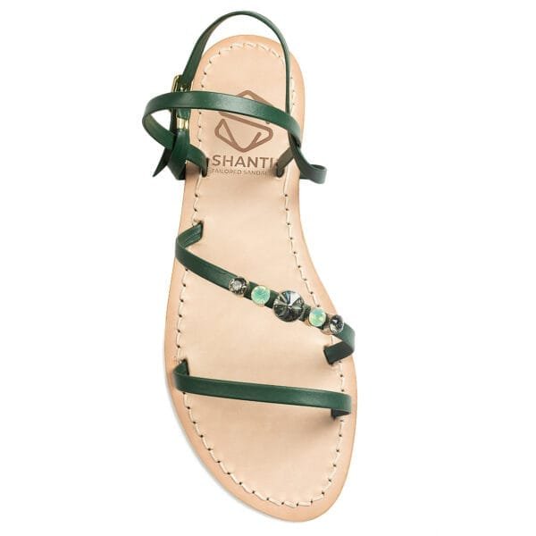 Sandalo a Ciabatta in vera pelle con suola in cuoio Toscano antiscivolo tacco 1cm, 3cm color verde con punti luce in cristallo. 100% regolabile