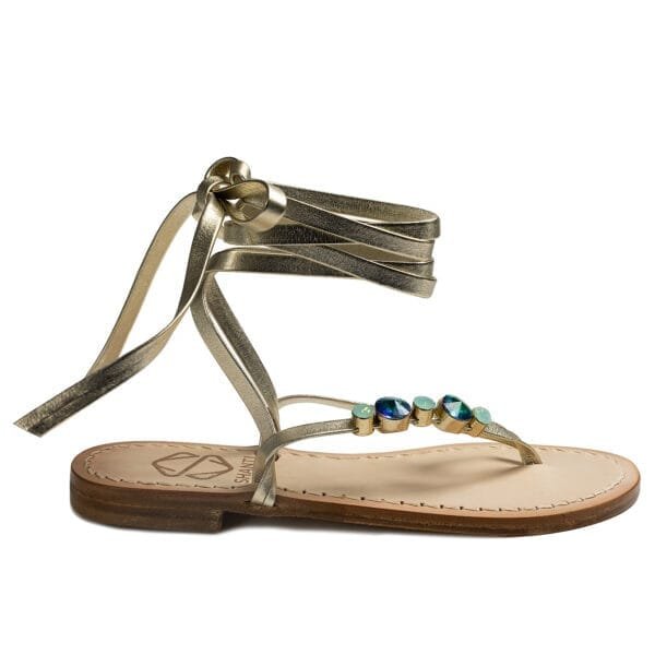 sandalo infradito in vera pelle con suola in cuoio Toscano antiscivolo tacco 1cm, 3cm color oro con punti luce in cristallo. 100% regolabile