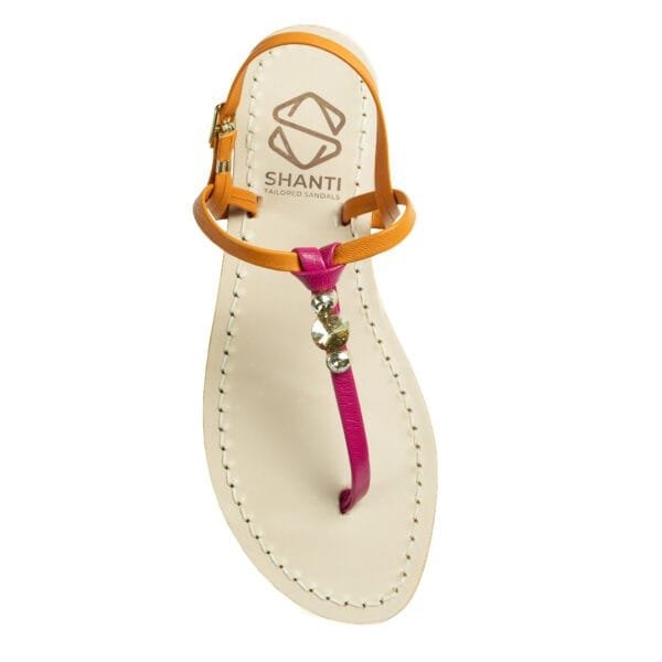 sandalo infradito in vera pelle con suola in cuoio Toscano antiscivolo tacco 1cm, 3cm color rosso e arancione con punti luce in cristallo. 100% regolabile