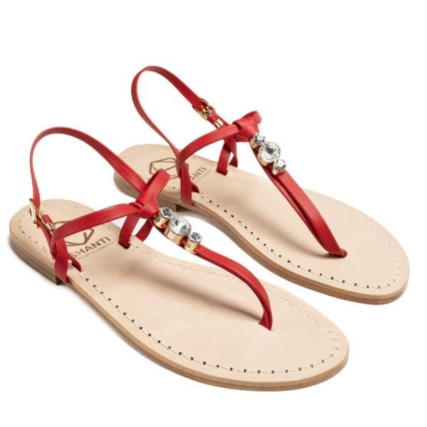 sandalo infradito in vera pelle con suola in cuoio Toscano antiscivolo tacco 1cm, 3cm color rosso con punti luce in cristallo. 100% regolabile
