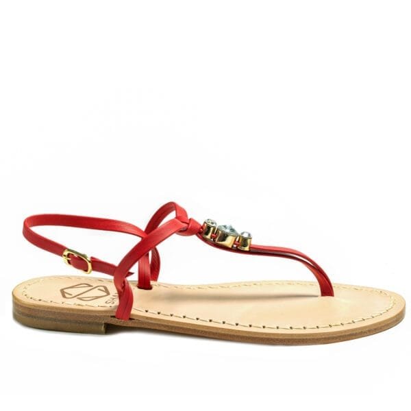 sandalo infradito in vera pelle con suola in cuoio Toscano antiscivolo tacco 1cm, 3cm color rosso con punti luce in cristallo. 100% regolabile