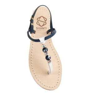 sandalo infradito in vera pelle con suola in cuoio Toscano antiscivolo tacco 1cm, 3cm color bianco e blu con punti luce in cristallo. 100% regolabile