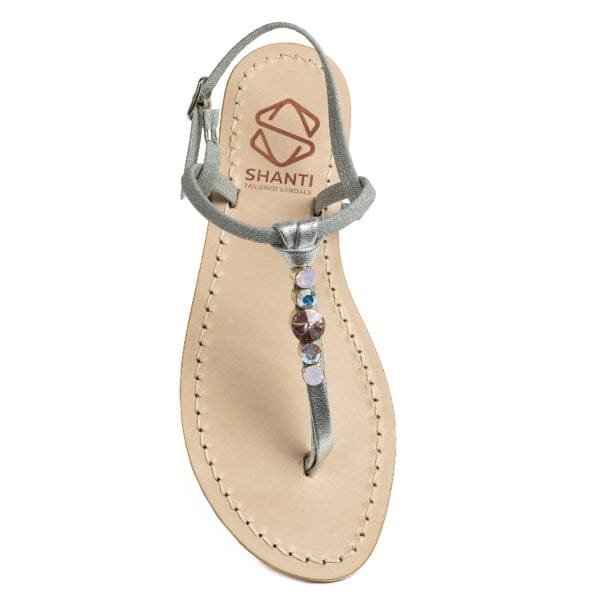 sandalo infradito in vera pelle con suola in cuoio Toscano antiscivolo tacco 1cm, 3cm color argento e glitter con punti luce in cristallo. 100% regolabile