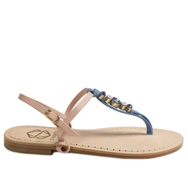 sandalo infradito in vera pelle con suola in cuoio Toscano antiscivolo tacco 1cm, 3cm color denim e rosa con punti luce in cristallo. 100% regolabile
