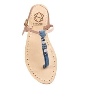 sandalo infradito in vera pelle con suola in cuoio Toscano antiscivolo tacco 1cm, 3cm color denim e rosa con punti luce in cristallo. 100% regolabile