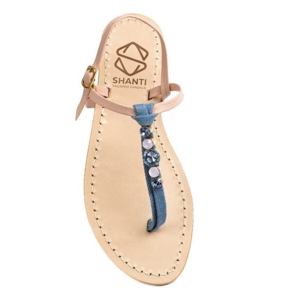 sandalo infradito in vera pelle con suola in cuoio Toscano antiscivolo tacco 1cm, 3cm color denim e rosa con punti luce in cristallo. 100% regolabile