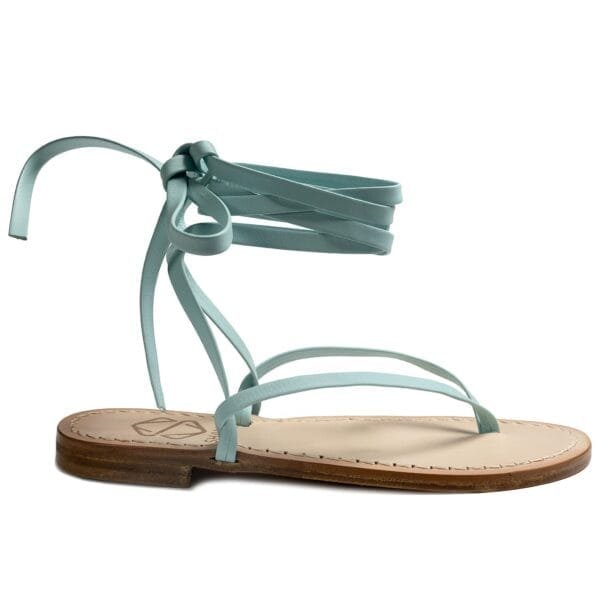 Sandalo in vera pelle con suola in cuoio Toscano, interamente fatto a mano con antiscivolo e tacco da 1cm o 3cm color turchese. 100% regolabile